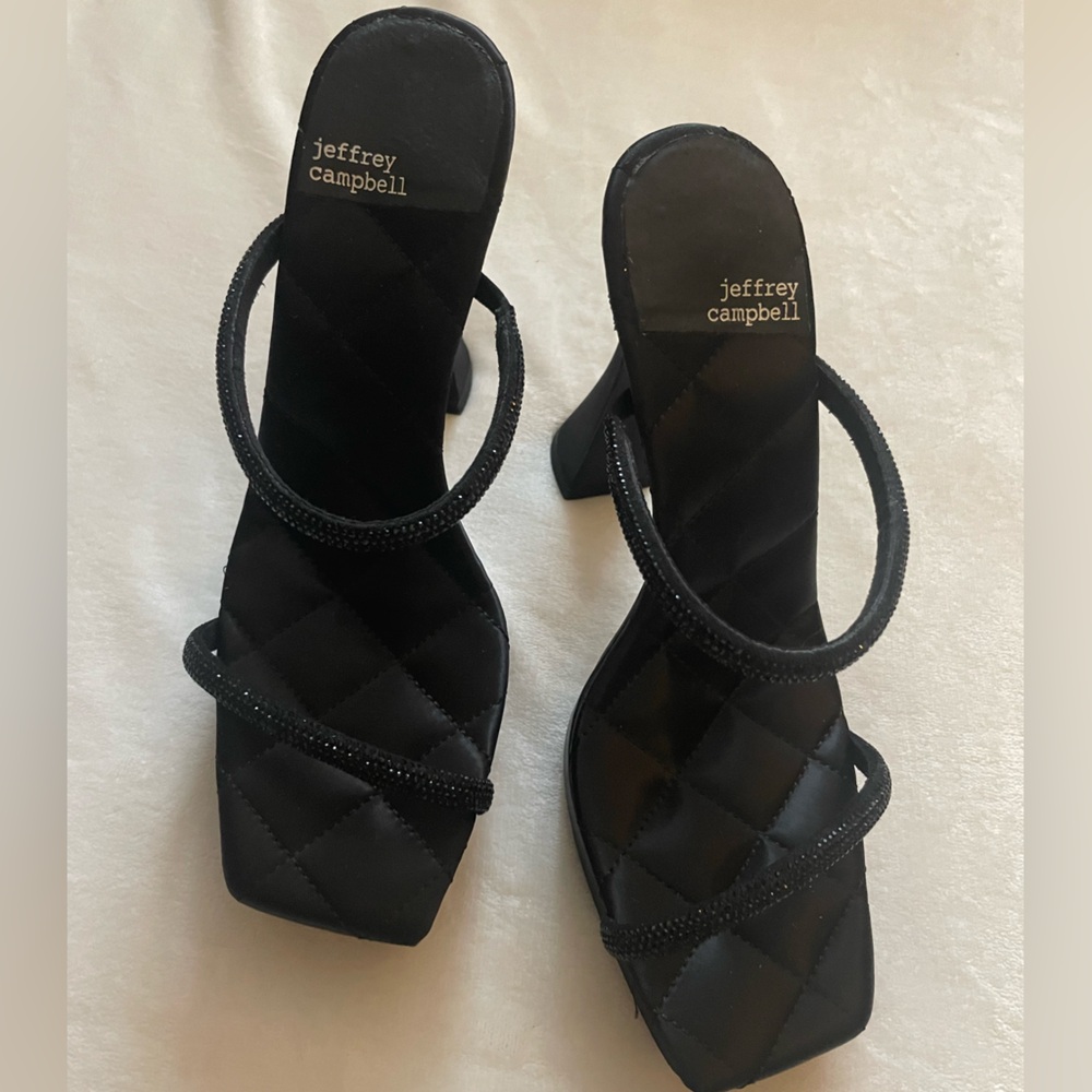 Jeffrey Campbell Black‎ Sparkly Quilted Women's Square Toe Sandal Heels